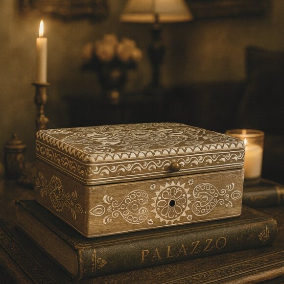 NWT Vintage Large Wooden Hand Carved Ornate Indian Keepsake Box - Picture 1 of 12